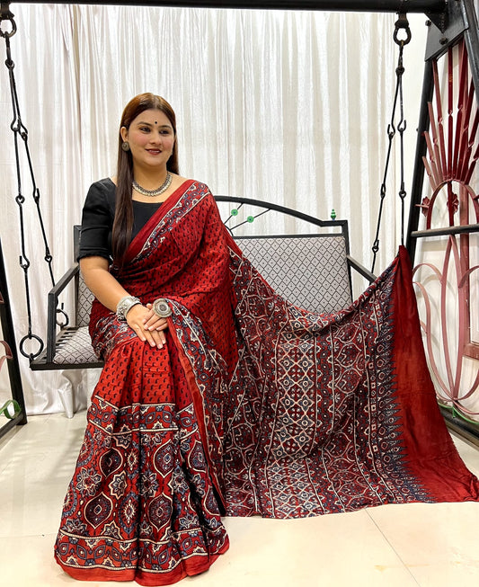 Elegant Hand Block Printed Ajrakh Modal Silk Saree with tassels