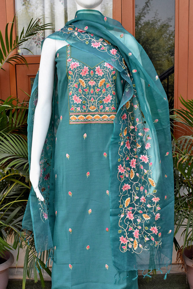 Elegant Blended ( art) Silk Unstitched suit with Embroidered Kurta and Organza Dupatta & blended silk bottom