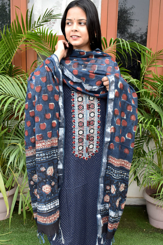 Premium Cotton Unstitched Suit with Ajrakh patch, Intricate Hand Embroidery & Jahota Block printed Linen dupatta
