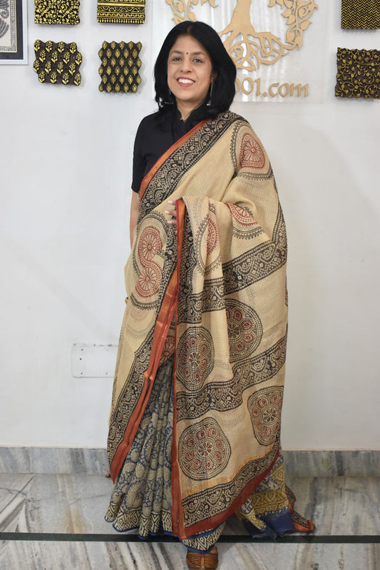 Beautiful Hand Block Printed Kota cotton Saree with zari border