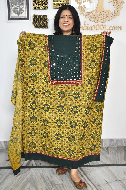 Designer Ajrakh Cotton Kurta Fabric with Kutch Mirror Work patch
