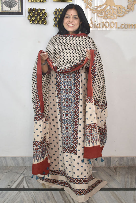 Designer Ajrakh Cotton Unstitched suit with  panel design, Ajrakh Dupatta - 2 piece set