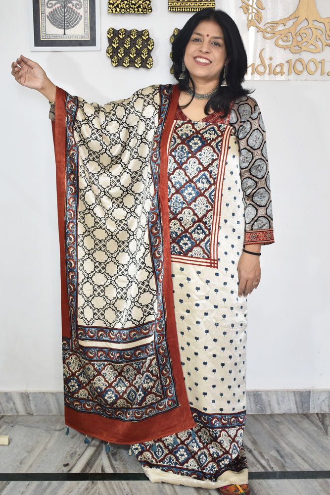 Designer Ajrakh Mashru Silk Unstitched suit with  panel / yoke design- 3 piece set