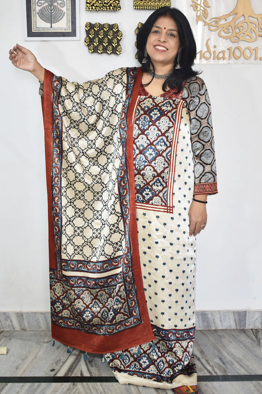 Designer Ajrakh Mashru Silk Unstitched suit with  panel / yoke design- 3 piece set