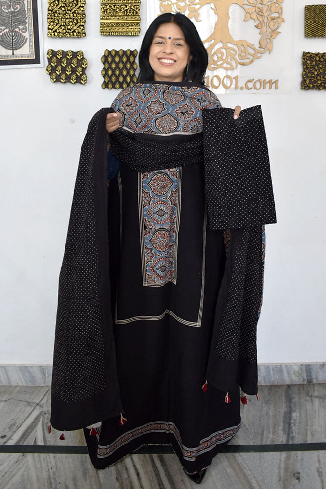 Designer Ajrakh Cotton Unstitched suit with  panel design, Ajrakh Dupatta & Bottom- 3 piece set