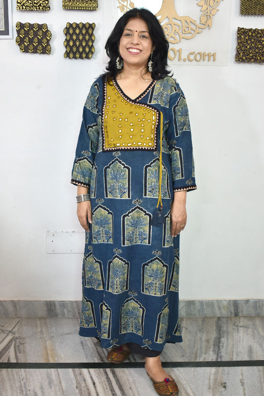 Designer Hand Block Printed Ajrakh cotton Kurta with Kutch Mirror work