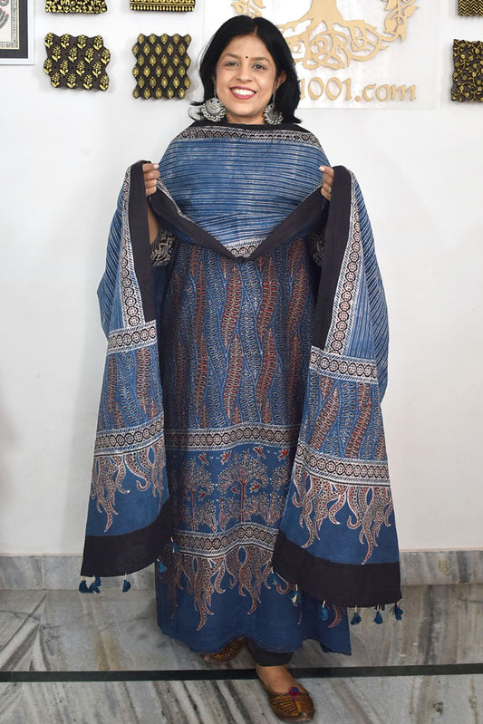 Block Print Ajrakh Cotton Suit with designer Ajrakh neck yoke /panel & Dupatta