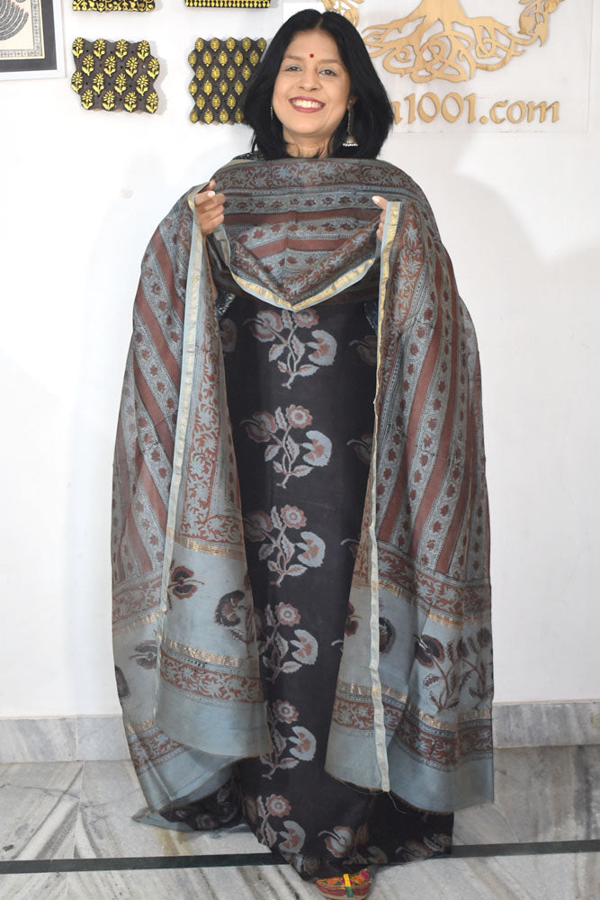 Beautiful Hand Block Printed Vanaspati Ajrakh Maheshwari Silk Cotton Unstitched suit fabric - 3 pc set