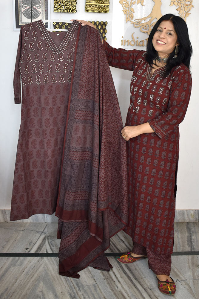 Bagh Hand Block Printed stitched 3 pc Cotton suit With Hand Embroidery - 38 size