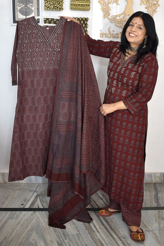 Bagh Hand Block Printed stitched 3 pc Cotton suit With Hand Embroidery - 38 size