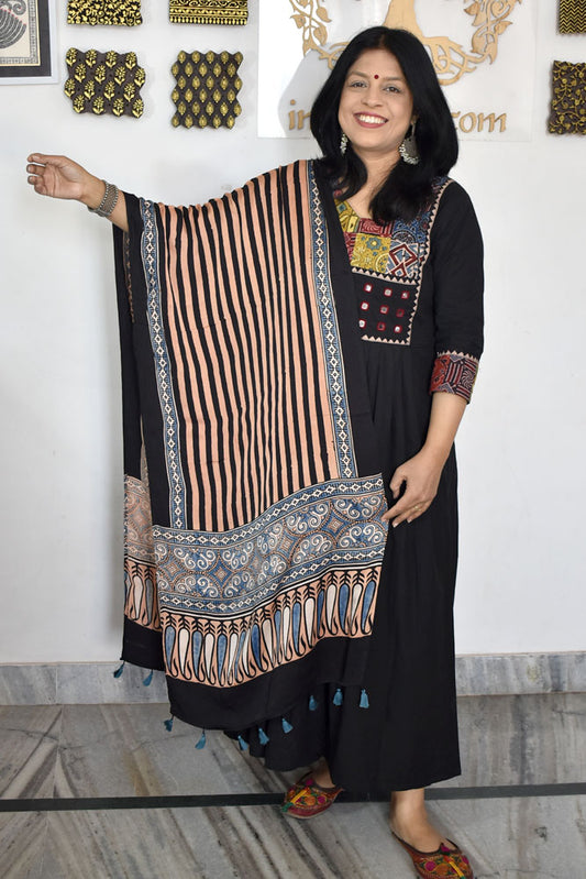Beautiful Hand Block Printed Ajrakh Modal Silk stole with Tassels