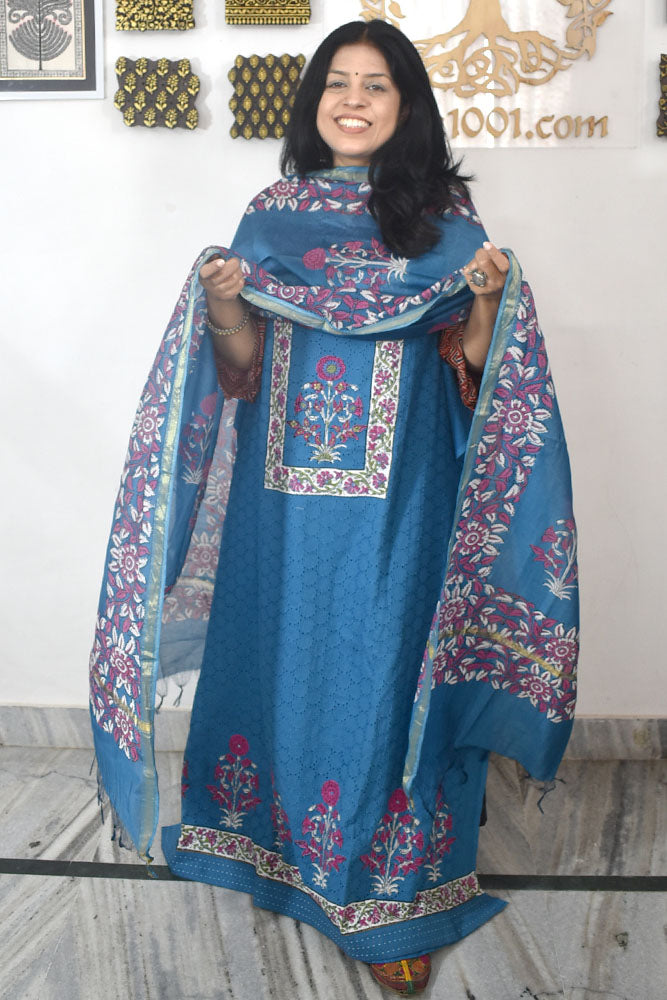 Elegant Hand Block print cotton suit with Schiffli work & Chanderi dupatta