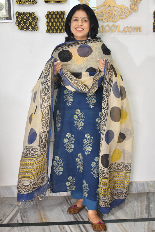 Hand Block Printed Kota Doria Cotton Dupatta with zari border