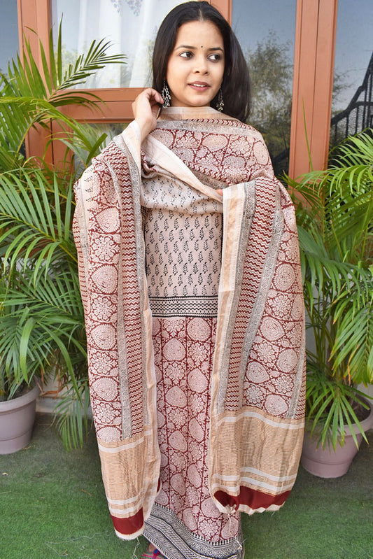 Bagh Hand Block Printed unstitched 3 pcs Maheshwari suit fabric with Placement block print & Zari borders & Palla from MP