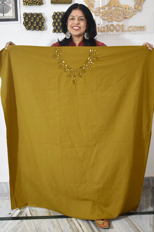Handwoven cotton kurta fabric with Kutch Mirror work