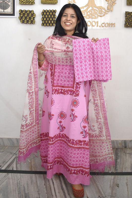 Designer Hand Block Print Cotton suit with Chanderi dupatta