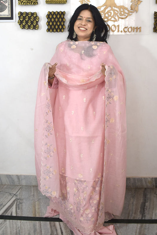 Gorgeous Mul Chanderi Kurta fabric & Dupatta set with embroidery & Cotton Bottom