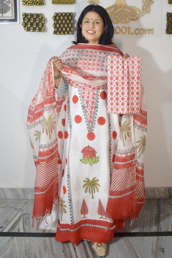 Designer Hand Block Print Cotton suit with Chanderi dupatta