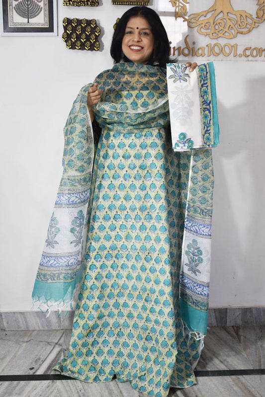 Designer Hand Block Print Cotton suit with Kota dupatta