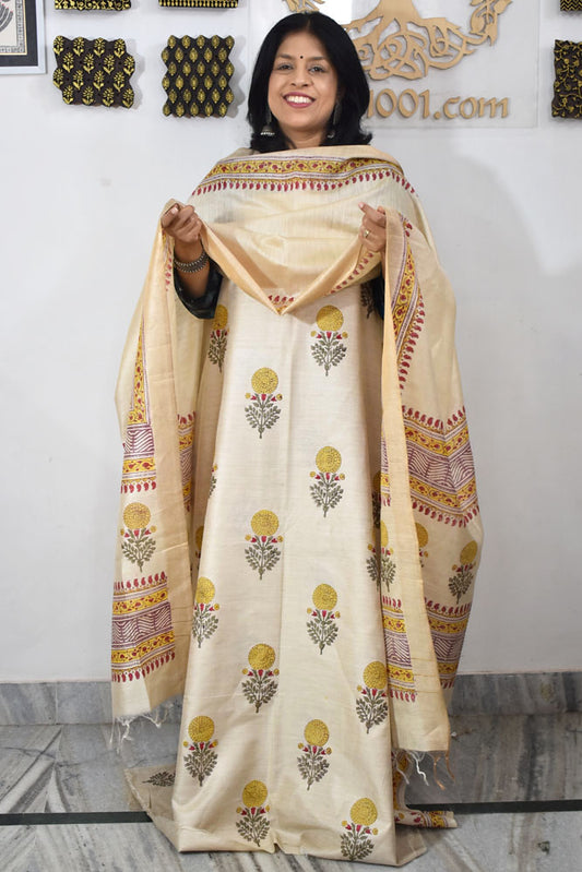 Elegant Hand Block printed Moonga Tussar Silk Kurta Dupatta Set