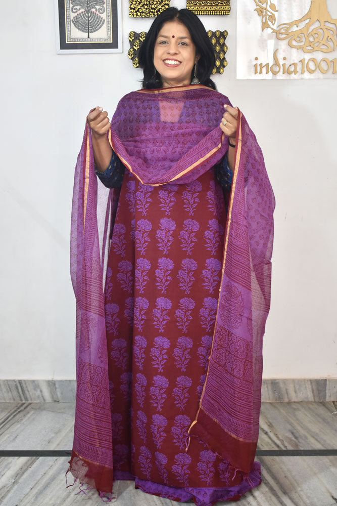 Classic Bagh Block Printed unstitched suit fabric with Kota Doria dupatta
