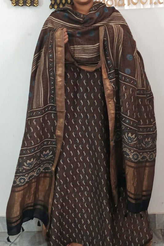 Beautiful Hand Block Printed Ajrakh Maheshwari Silk Cotton Unstitched suit fabric - 2 pc set