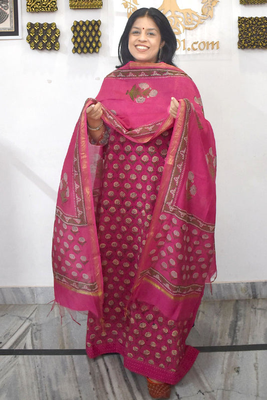 Elegant Hand Block print cotton suit with Schiffli work & Chanderi dupatta