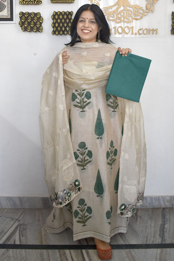 Premium Chanderi Silk Cotton Suit With Block Print & Embroidery