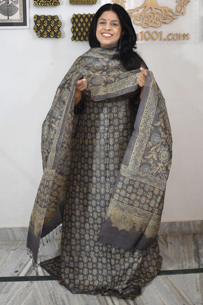Ajrakh Hand Block printed Tussar Silk Kurta Dupatta Set