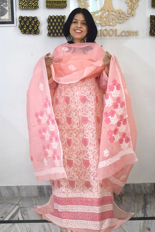 Elegant Lucknowi Chikankari Hand Embroidery work Kurta Fabric and dupatta set - 2 pc set