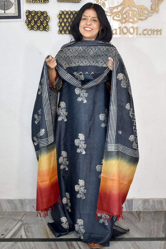 Beautiful Hand Block printed Tussar Silk Kurta Dupatta Set