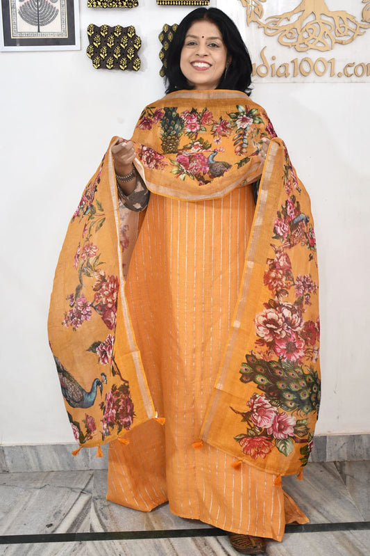 Dhairya : Beautiful Pure Linen suit with Digital print , intricate embroidery and cotton silk bottom