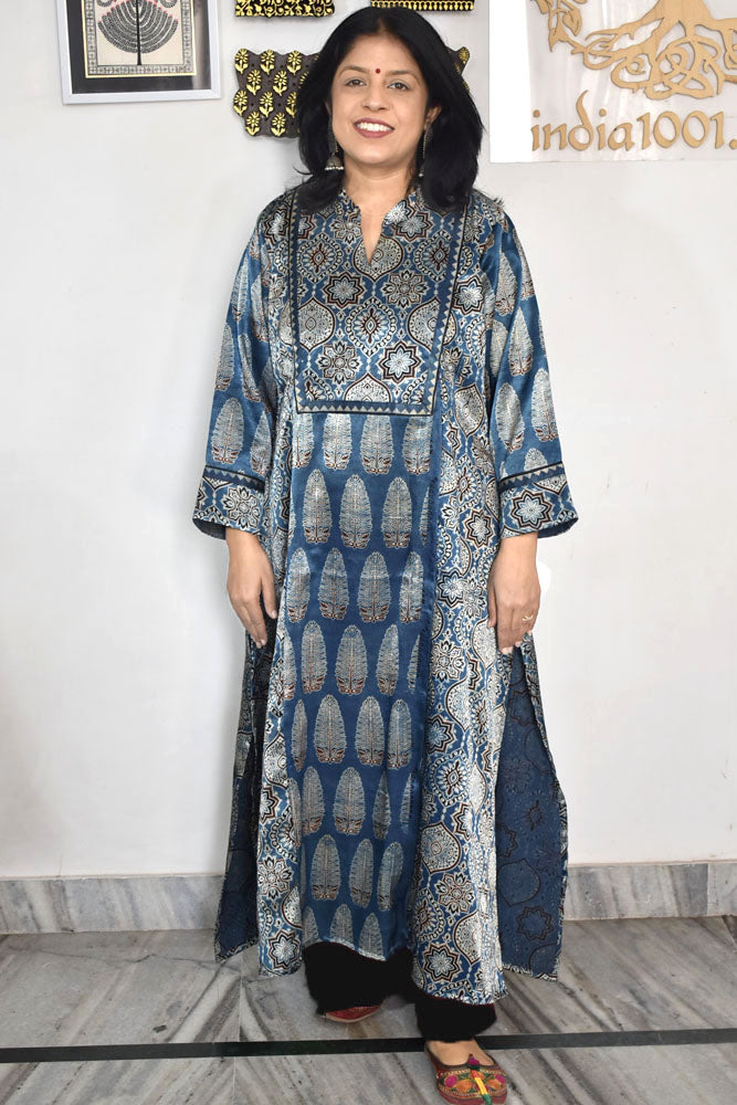 Beautiful Mashru Silk Kurta with Ajrakh block print  - Size 40 - 48