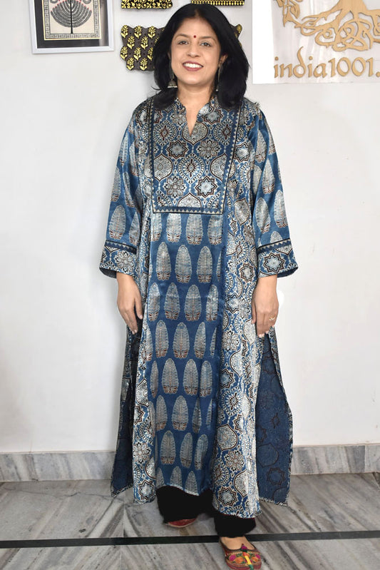 Beautiful Mashru Silk Kurta with Ajrakh block print  - Size 40 - 48