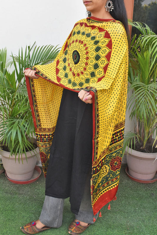 Beautiful Hand Block Printed Ajrakh Modal Silk stole with Tassels