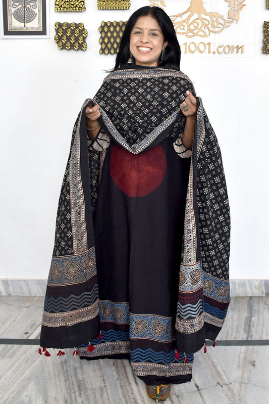 Designer Ajrakh Muslin Unstitched suit with Ajrakh Muslin Dupatta- 2 piece set