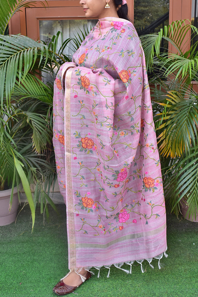 Elegant Kota Tissue dupatta with All over Cross Stitch Embroidery - pink