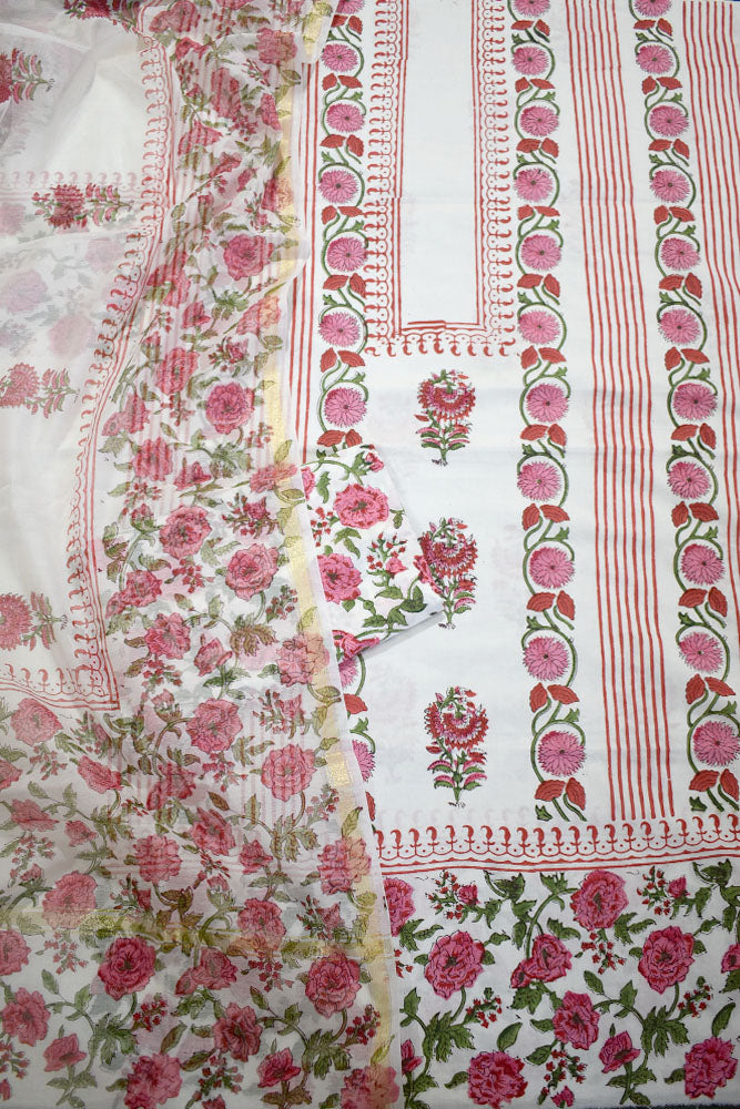 Designer Hand Block Print Cotton suit with Chanderi dupatta