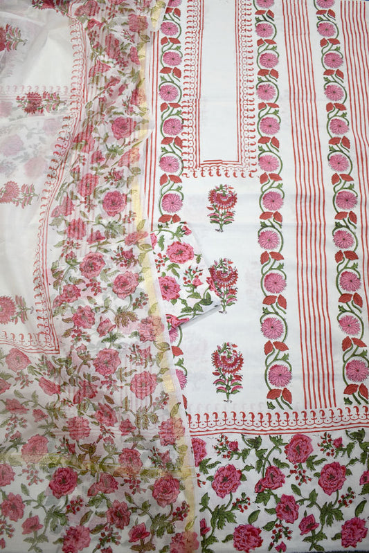 Designer Hand Block Print Cotton suit with Chanderi dupatta