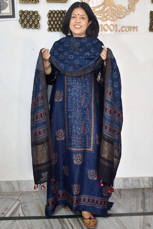 Beautiful Hand Block printed Kutch Ajrakh Chanderi Kurta and Lagdi patta dupatta set