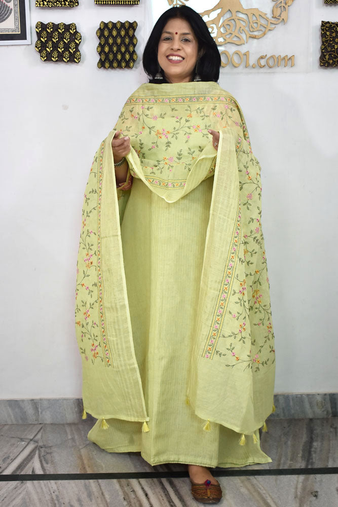 Beautiful Pure Linen suit with intricate embroidery on the kurta & dupatta and cotton silk bottom