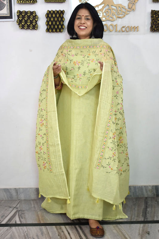 Beautiful Pure Linen suit with intricate embroidery on the kurta & dupatta and cotton silk bottom
