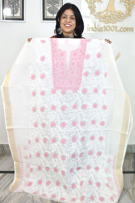 Designer Hand Embroidered Chikankari Tepchi work Kota Doria fabric