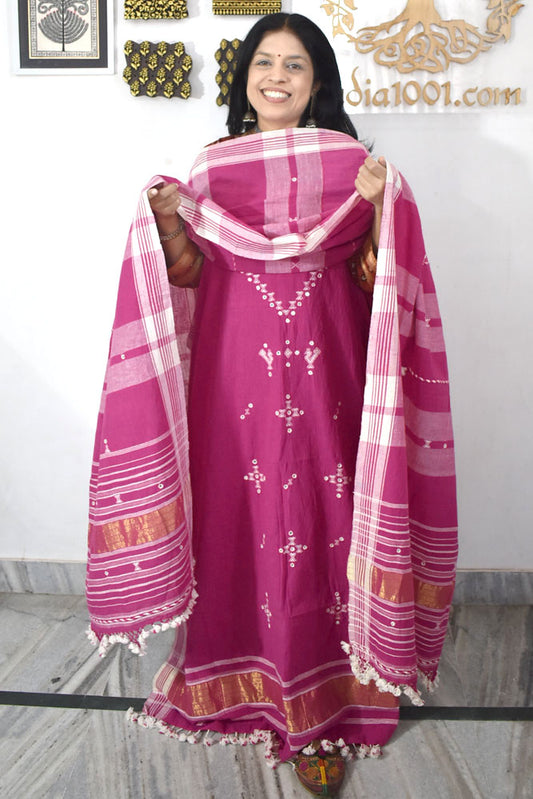 Premium Handwoven Kala Cotton Bhujodi suits with Mirror Work - 3 pc set