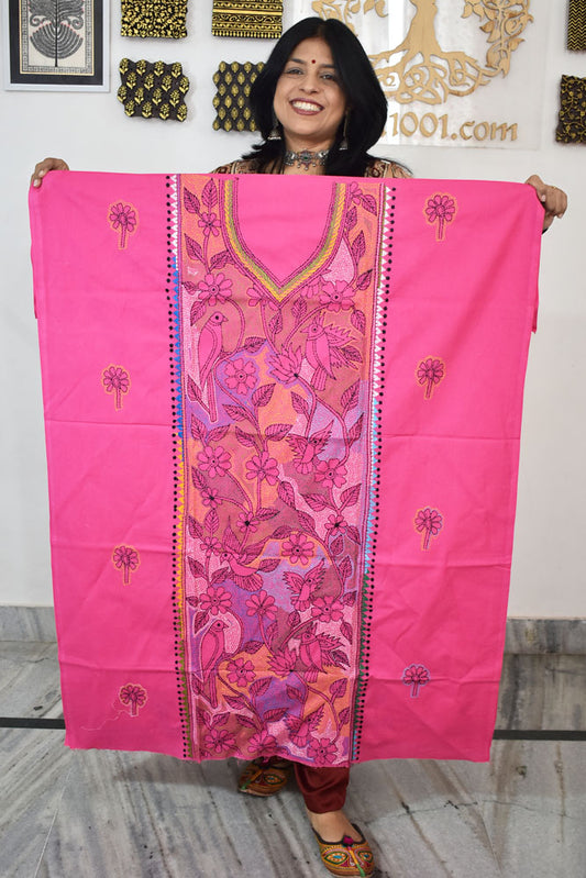 Hand Embroidered Kantha work cotton fabric - (Length 2.8 mtrs )