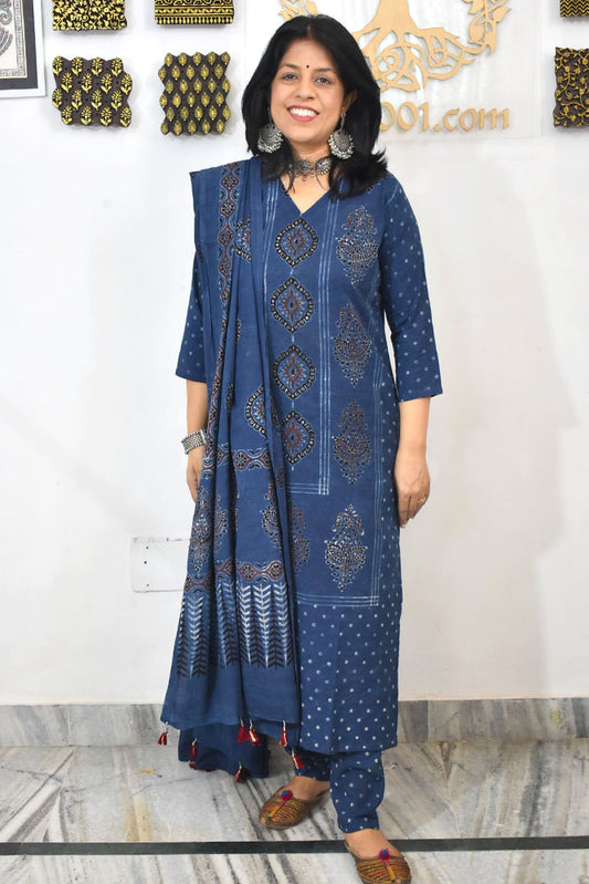 Designer Hand Block print Ajrakh Cotton suit with Full width Cotton Dupatta  - Size 38 to 46