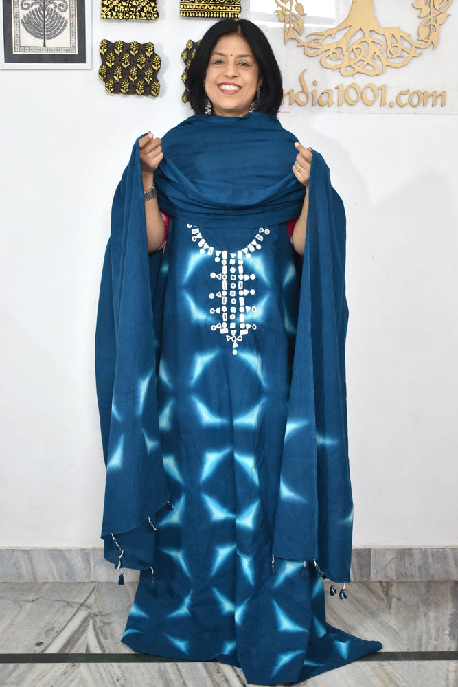 Tie & Dye Clamp Dyed cotton Unstitched Suit with Kutch Mirror work