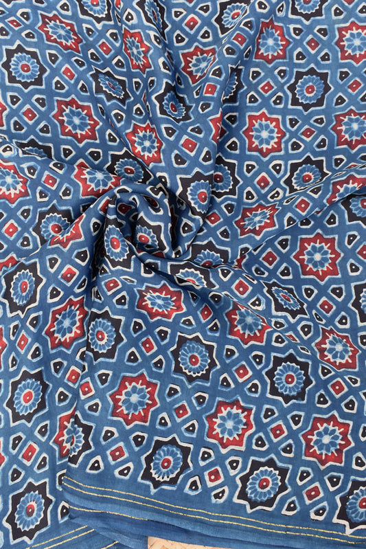 Beautiful Modal Silk Ajrakh Hand Block Print Fabric - 2.5 mtrs cut