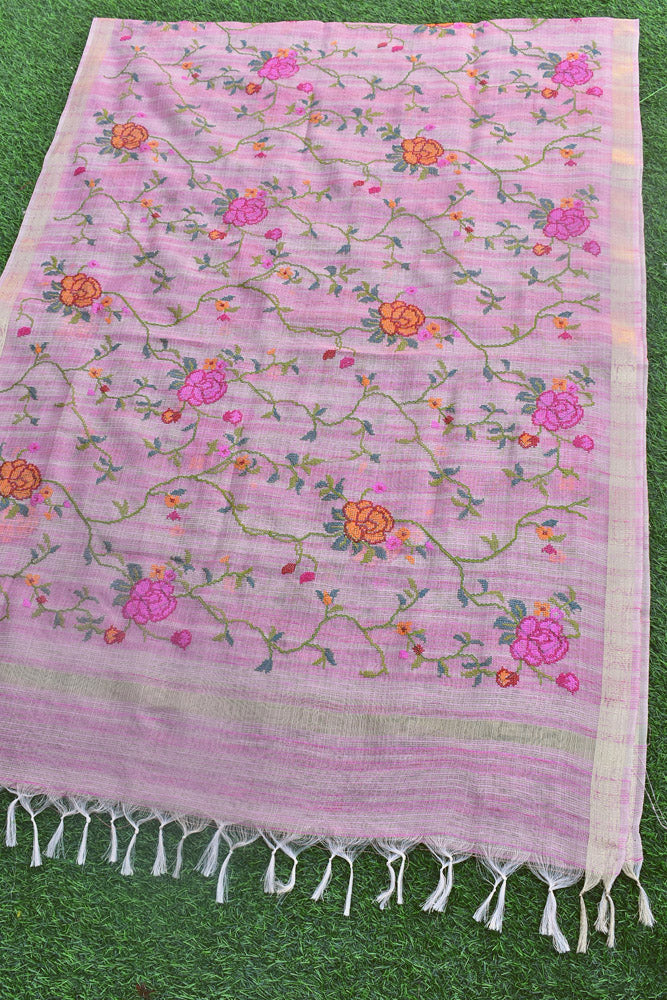Elegant Kota Tissue dupatta with All over Cross Stitch Embroidery - pink