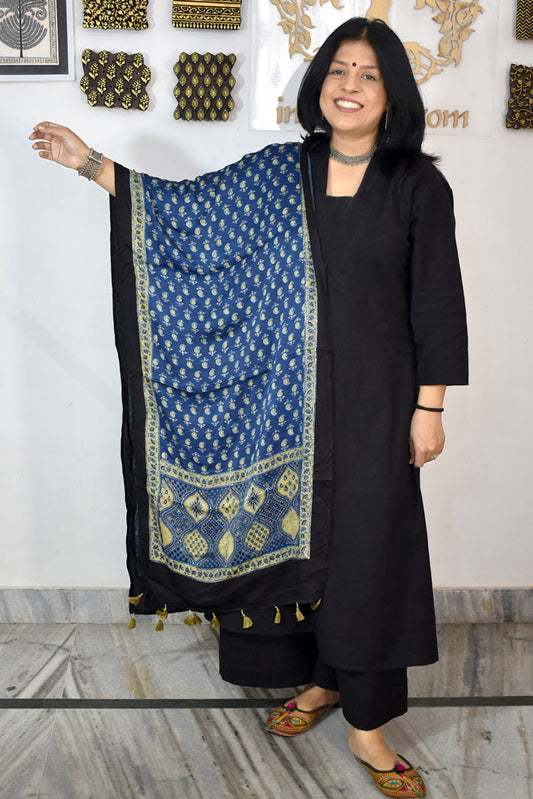Beautiful Hand Block Printed Ajrakh Modal Silk stole with Tassels